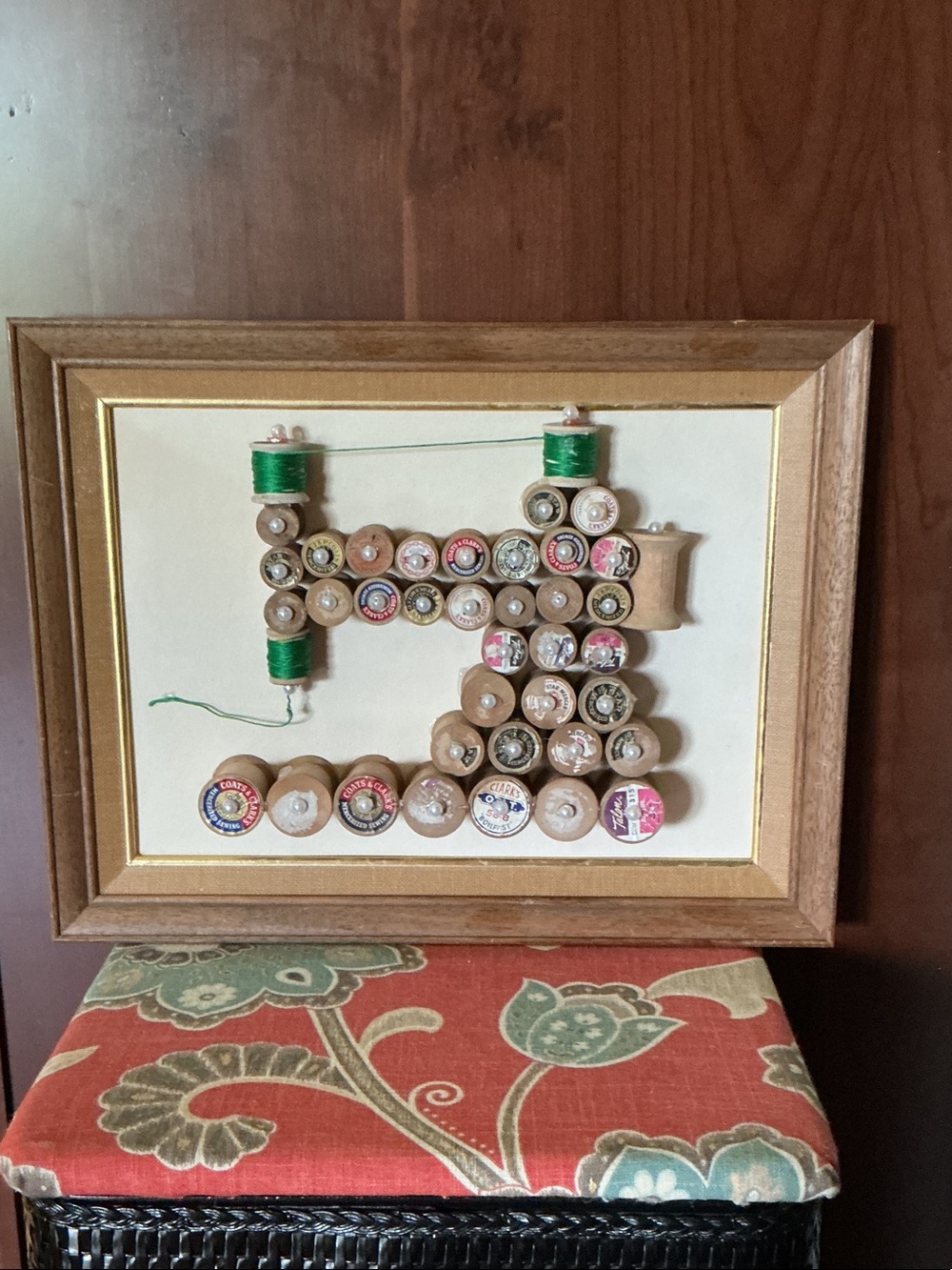 Vintage Wooden Spool Wall Art - Green Thread Accents